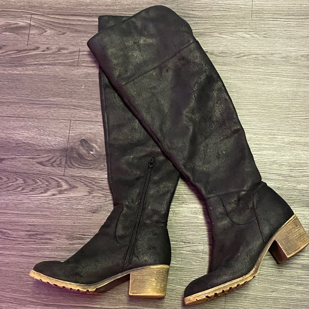 Kohl's Black Over the Knee Boots with Tan Heel